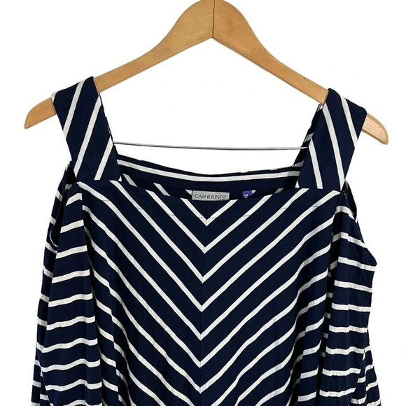 Catherines Blouse 2XW Petites Navy Blue White Stripes Cold Shoulder Stretch Plus - Picture 3 of 8